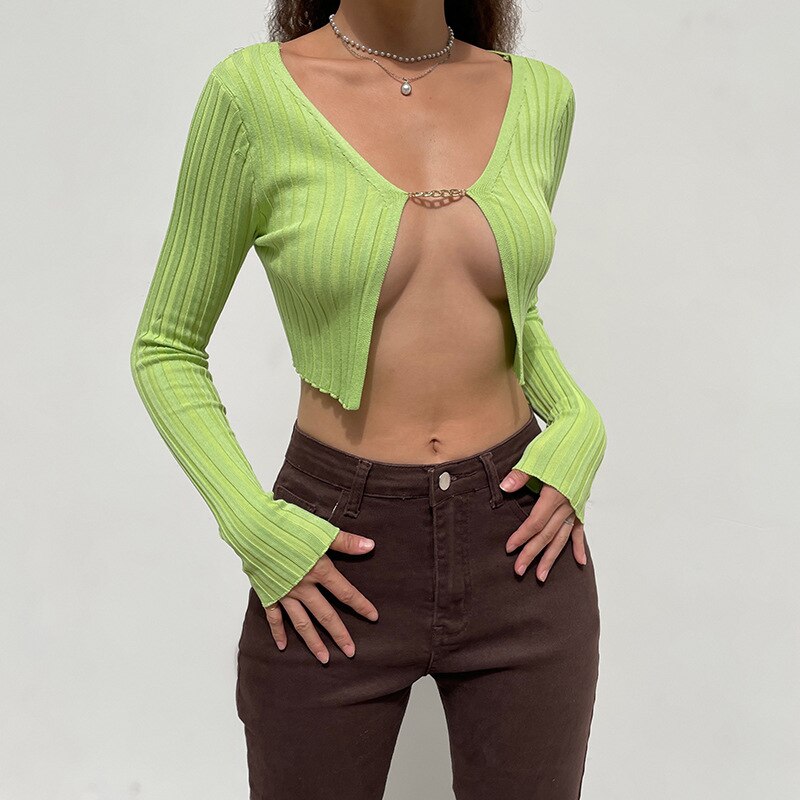 Purple Women Long Sleeve T-Shirt Knitted Crop Top Gorgeous 2022 Spring Summer New Solid Color High Waist Green T-Shirt Woman Clothes