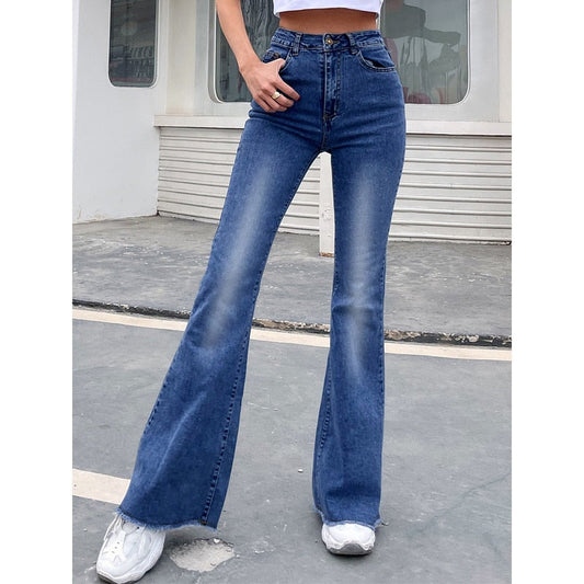 Benuynffy Button Fly Women's Raw Hem Flare Jeans Autumn Fashion Woman Denim Pants Jean Femme High Waist Full Length Slim Jeans