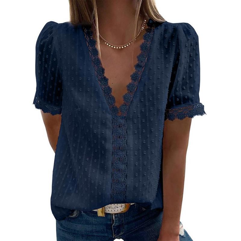 Summer Short Sleeve Womens Tops and Blouses Fashion v Neck Elegant Casual Chic Shirts Ladies Solid Lace Chiffon Blouse