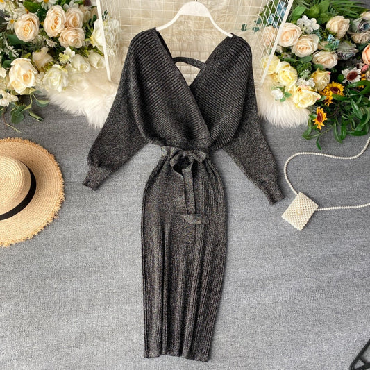 SINGRAIN Women Shiny Knitted Dress Gorgeous v Neck Puff Sleeve Elastic Sheath Knitting Dress Autumn Solid Bow Sashes Pencil Dress