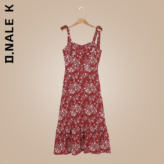 D.Nale K 2022 Elegant Vintage Floral Dress Sleeveless Dresses for Women Frill Sweetheart Neck Strap Tie Ruffle Hem Beach Dress