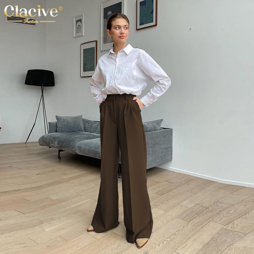 Clacive Blue Office Women'S Pants 2021 Fashion Loose Full Length Ladies Trousers Casual High Waist Wide Pants for Women