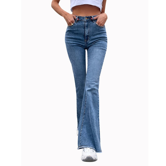 Benuynffy Button Fly Women's Raw Hem Flare Jeans Autumn Fashion Woman Denim Pants Jean Femme High Waist Full Length Slim Jeans