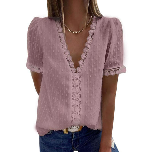 Summer Short Sleeve Womens Tops and Blouses Fashion v Neck Elegant Casual Chic Shirts Ladies Solid Lace Chiffon Blouse