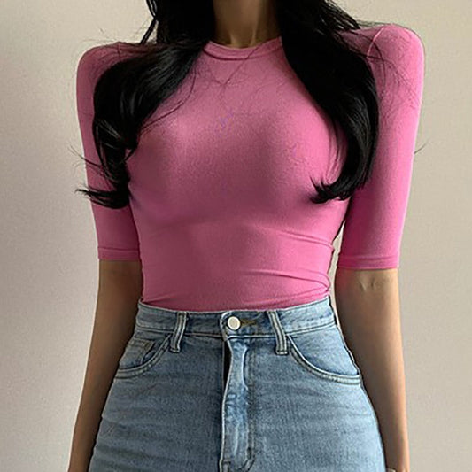 Solid Thin T Shirt Women Cotton Short Sleeve Slim Basic T Shirts Woman Korean Style Clothes Tee Shirt Femme Pink 2022 Summer Top