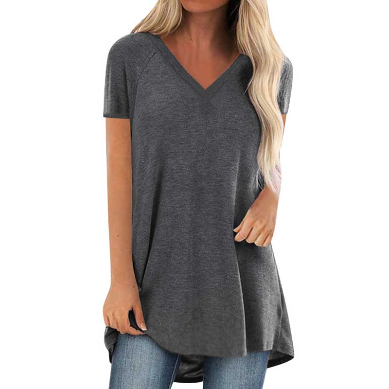 Summer Clothes for Women T-Shirts With Short Sleeves V-Neck Simplicity Solid Loose Pullover Grey Casual Cotton Female Top 5XL