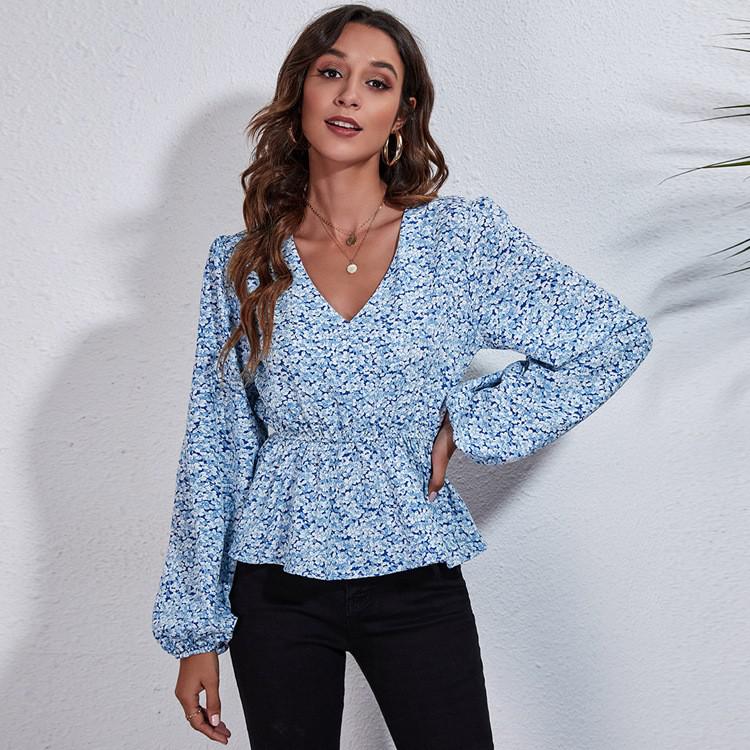 2022 New Butterfly Print Blouse Women Fashion v Neck Long Sleeve Collect Waist Design Shirts Ladies Elegant Casual Top