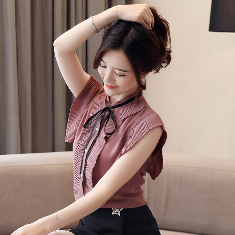 Korean Fashion Clothing Summer OL Tops Short Sleeve Women Chiffon Blouse Elegant Bow Tie Ruffles Casual White Shirt Blusas 9863