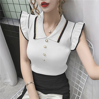 Summer Fashion Korean Slim Crop Tops Women Turn-Down Collar Knitted T-Shirts Sleeveless Ruffles T Shirt Female Tee Shirt Femme