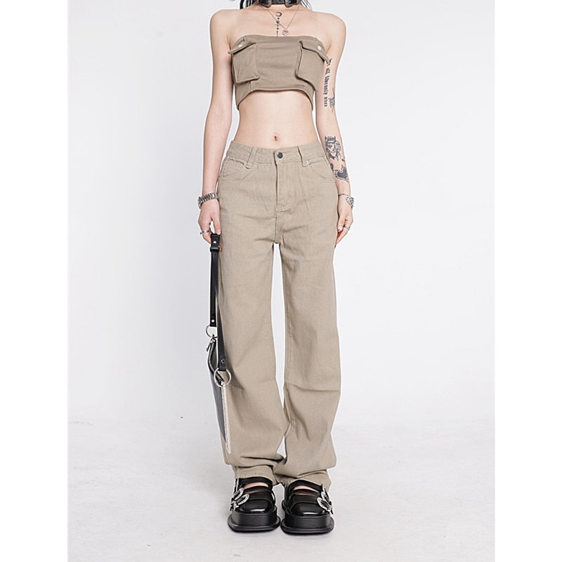 Women's Khaki Wide Leg Jeans Star Pocket Vintage Straight Pants High Waist Baggy Casual Self Cultivation Denim Trouser Ladies