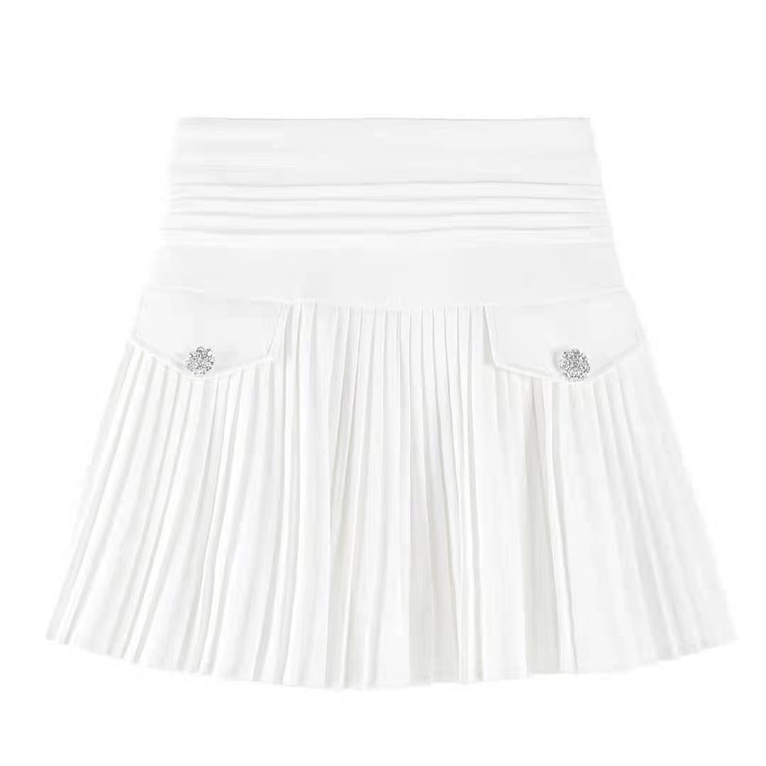 2022 White Pleated Skirts Gorgeous Casual Slim College Women High Waist Mini Metal Letter D A-Line Clubwear Korean Fashion Style