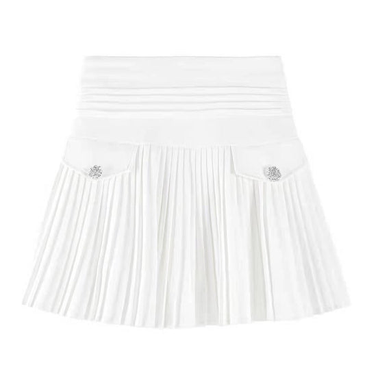 2022 White Pleated Skirts Gorgeous Casual Slim College Women High Waist Mini Metal Letter D A-Line Clubwear Korean Fashion Style