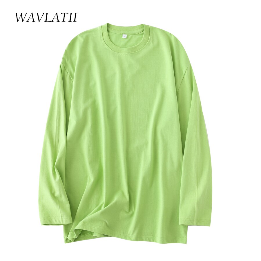 WAVLATII New Women Yellow Long Sleeve T Shirts Female 100% Cotton Spring Autumn Green Tees Lady Basic Black White Tops WLT2118