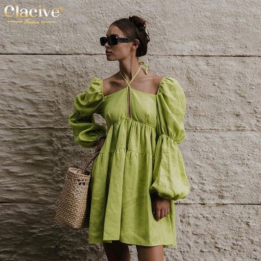 Clacive Gorgeous Halter Lace-Up Mini Dress Ladies Autumn Puff Sleeve Hollow Out Vintage Dress Elegant Ruched Party Dresses for Women