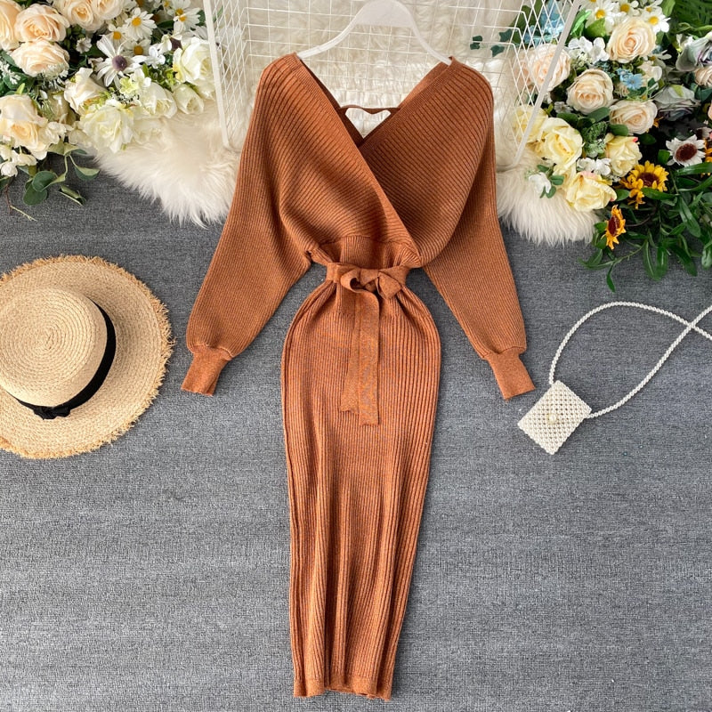 SINGRAIN Women Shiny Knitted Dress Gorgeous v Neck Puff Sleeve Elastic Sheath Knitting Dress Autumn Solid Bow Sashes Pencil Dress