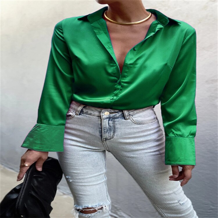 Silk Satin Women Shirt Elegant Green Loose Top Button Up Office Ladies Shirt 2022 Spring Summer Long Sleeve Blouse Vintage Tops