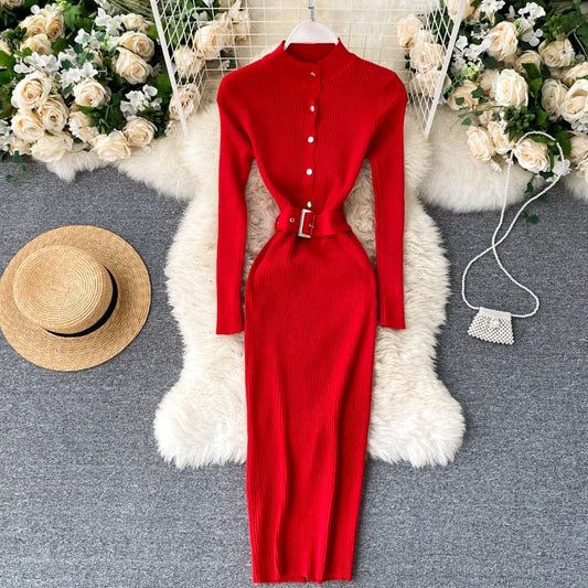 SINGRAIN Women Knitted Pencil Dress Autumn Winter Stand Collar Button Long Sleeve Slim Dress Streetwear Bodycon Sweater Dresses