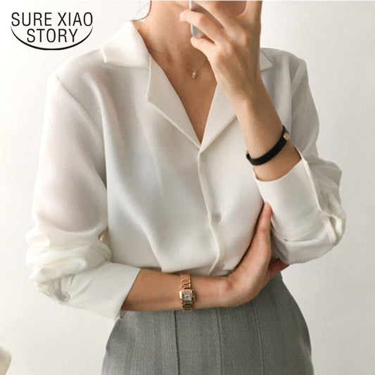 2022 Spring Long Sleeve Women Shirts Clothes Blusas Mujer Cardigan Women Blouses Vintage Solid White Chiffon Blouse Tops 9379 50