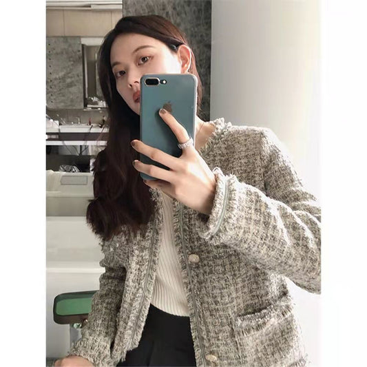 Hstar Elegant Slim Short Autumn Caot Women Korean Style Lace Pathchwork Tweed Jackets Court Style Knitted Cardigan Outwear