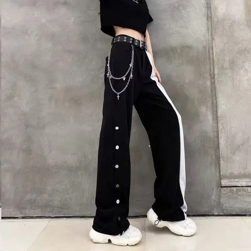 2022 Women Fashion Contrast Cargo Pants Female New Arrival Elastic Waist Wide Leg Trousers Ladies Korean High Street Cotton Pant