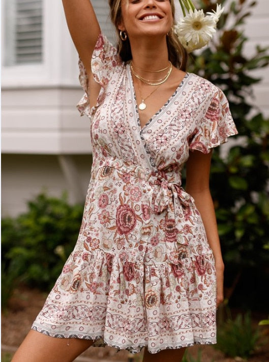 Women Short Sleeve Wrap Boho Floral Mini Dress Ladies Summer Sundress Holiday v Neck Short Sleeve Print Dress 9 Colors