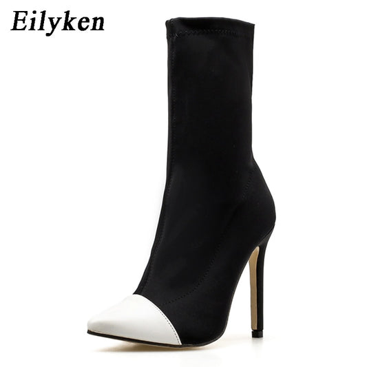 Eilyken 2023 New Women Knitting Stretch Sock Ankle Boots Pointed Toe Elastic Sli