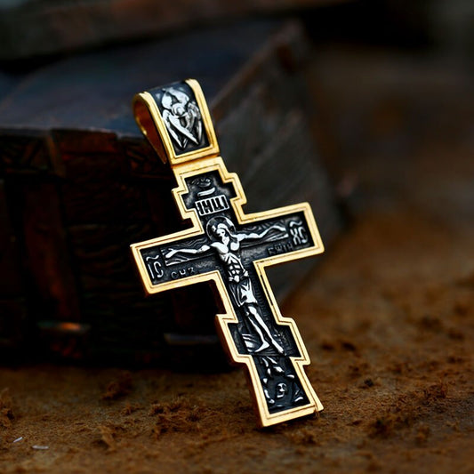 Jesus Cross Men's Stainless Steel Crucifix Eastern Orthodox Pendant Chain