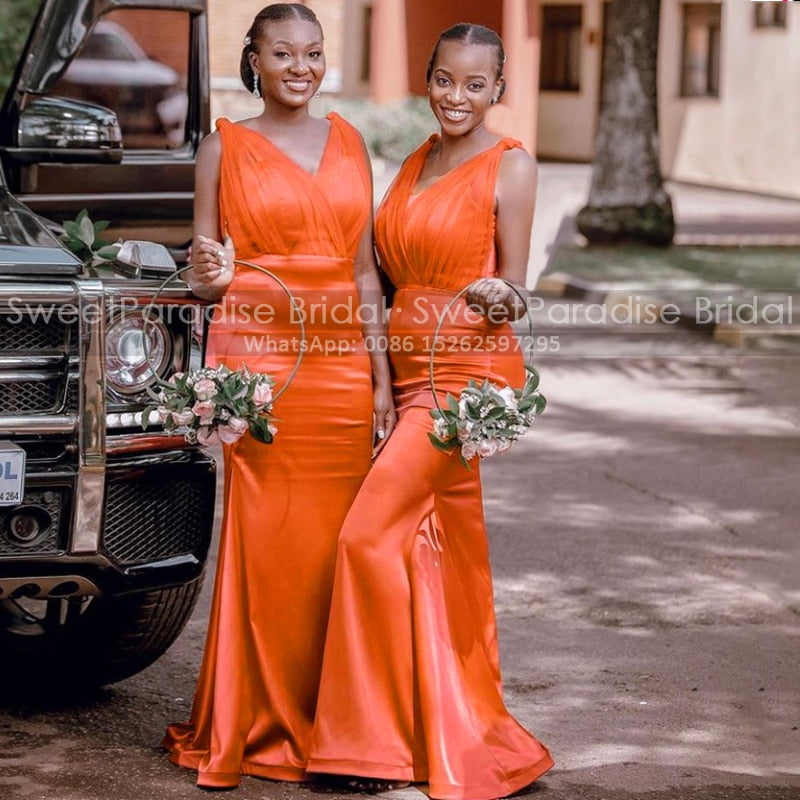 Orange v Neck Mermaid Bridesmaid Dresses Black Girls Long Sleeveless Cheap Sheah