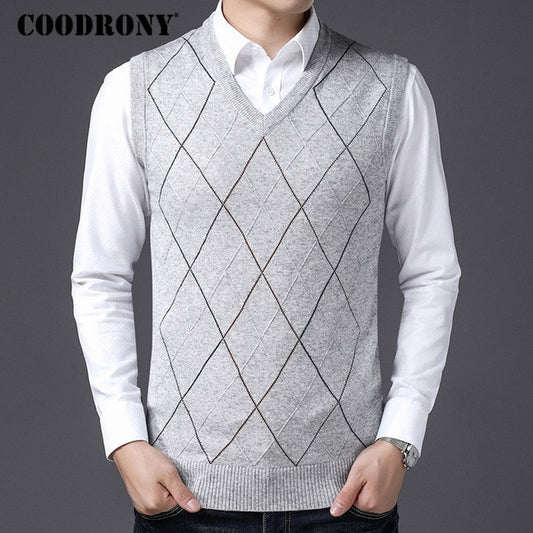 COODRONY Casual Argyle V-Neck Sleeveless Vest Men Clothes 2020 Autumn Winter