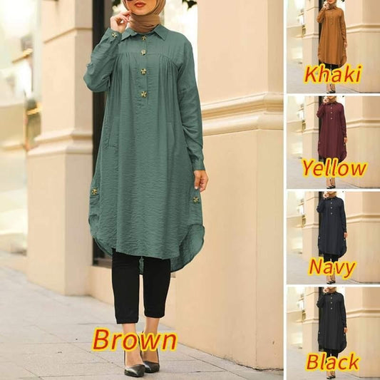 New Summer Muslim Solid Blouse For Women Simple Cotton Linen Long Shirt Saudi A