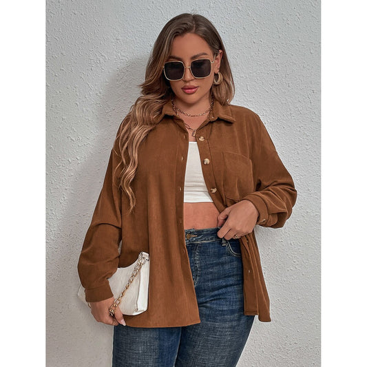 Fashion Plus Size Women Outwear Corduroy Long Sleeve Shirt Top All-Match Polo Co