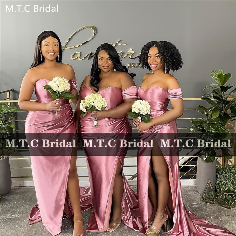 Wholesale Long Pink African Bridesmaid Dresses With Slit Sweetheart Silk Satin B