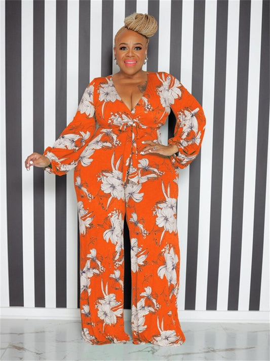 Wmstar Plus Size Romper Women Flower Print Party v Neck Long Sleeve With Sashes