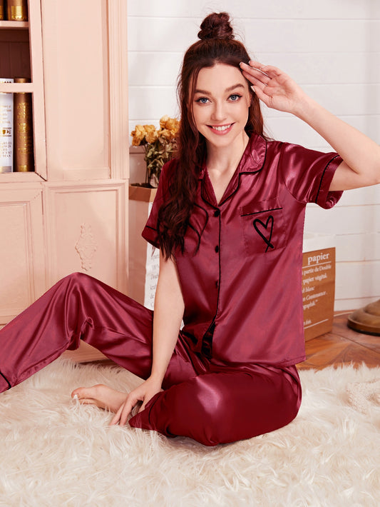 Heart Embroidery Piping Trim Satin PJ Set