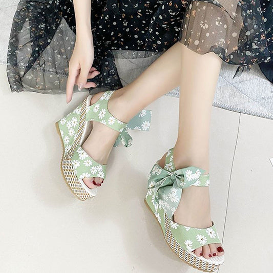 Summer Women's Bohemian Peep Toe Slip-on Thick Bottom Flower Printed Bandage Pu