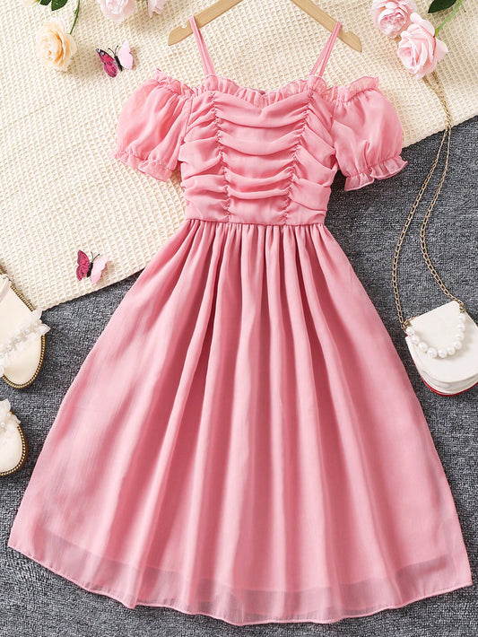 Girls Cold Shoulder Ruched Frill Trim Dress