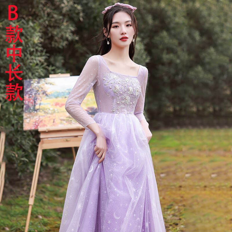 Purple Lilac Bridesmaid Dresses Fashion Princess Lace Up Tulle Long Gown Elegant