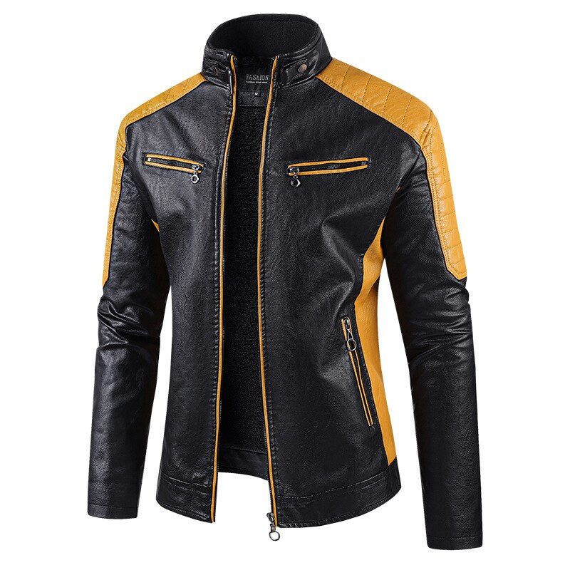 Men's Splicing Leather Bomber Jacket Fashion Motorcycle Jacket Retro Style Warm