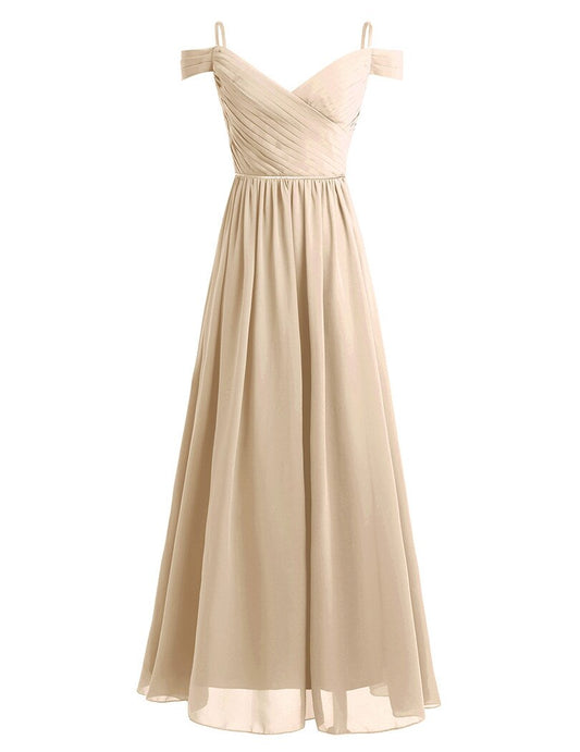 Women Lady Chiffon Off the Shoulder Pleated Deep v Neck Long Bridesmaid Dress Pr