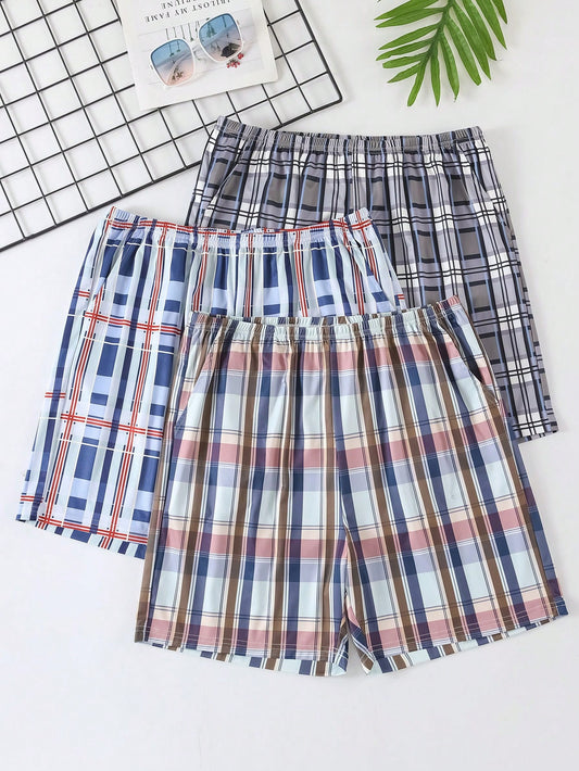 Men 3pcs Plaid Print Pajama Shorts