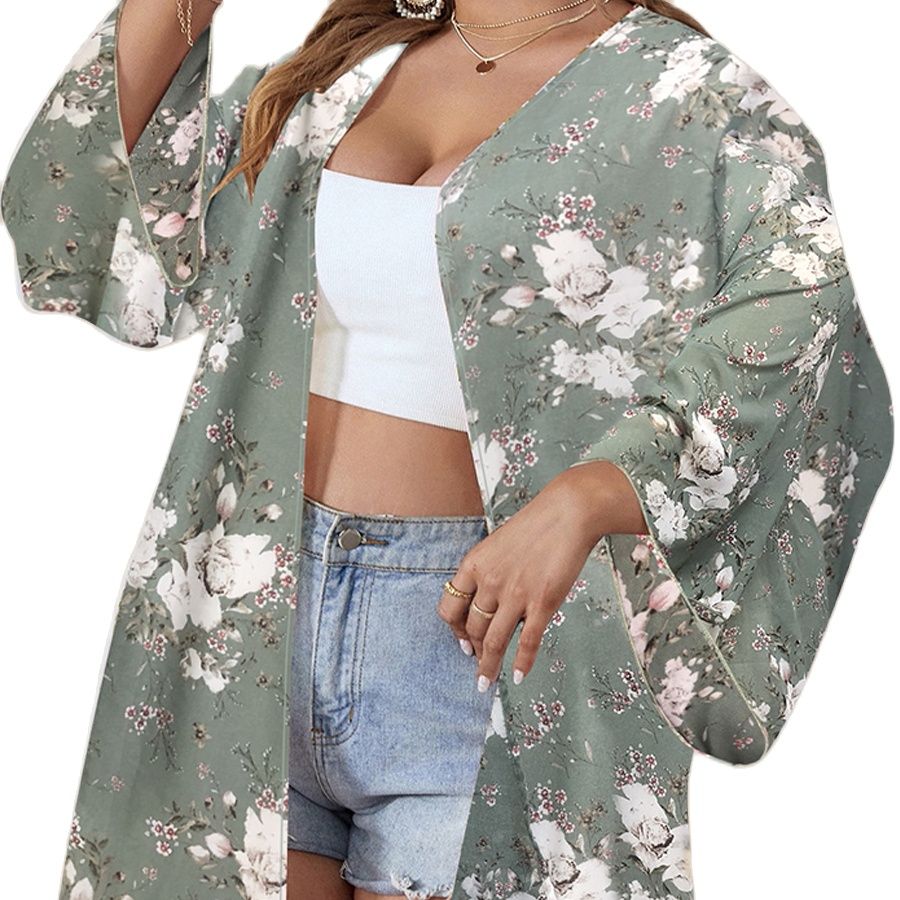 Finjani Floral Print Open Front Kimono Plus Size Women Loose Fashion Cardigan