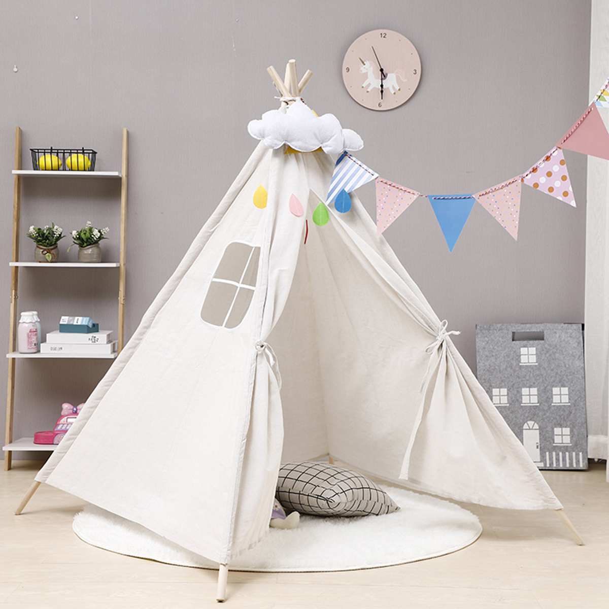 1.6M Large Teepee Triangle Tent Kids Playhouse Cotton Canvas Pretend Play Tent D