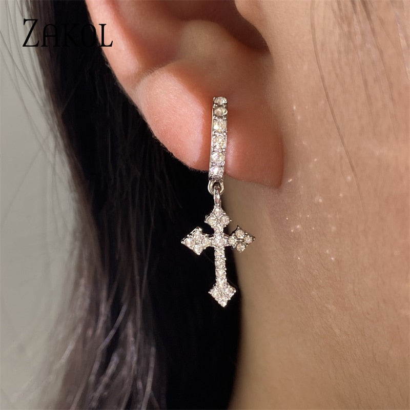 ZAKOL Fashion Shiny AAA Cubic Zirconia Cross Drop Earrings Sliver Color Hoop Ea