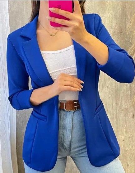 Thin Women Chic Office Lady No Buckle Blazer Vintage Coat Autumn Fashion Lapel