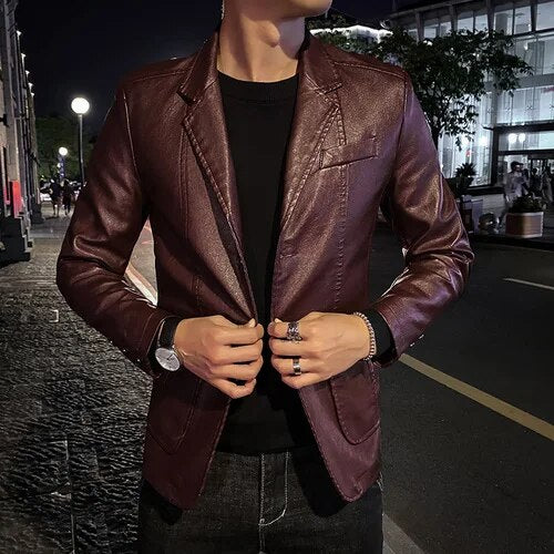 Spring New Black PU Suit Jacket Men's Fashion Slim Leather Jacket Business Casu