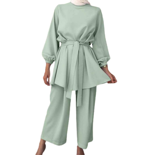 Women's Two-Piece Muslim Suit Classic Crewneck Loose Fit Mid-Length Tunic Pullov