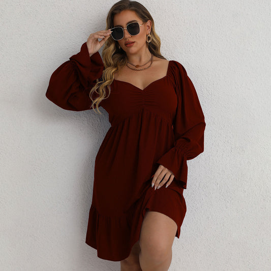 Plus Size Dresses Casual v Neckline Long Sleeve Solid Slim Midi Burgundy Dress O