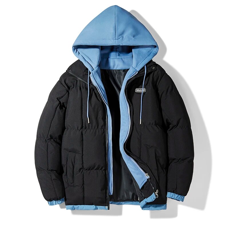 FAKE TWO HOODED COTTON COATS MEN'S AUTUMN AND WINTER THICK WARM LOOSE COAT WINT