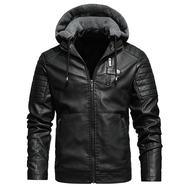 Winter PU Faux Leather Jacket Men Solid Color Fleece Hoodie Motorcylce Jackets F