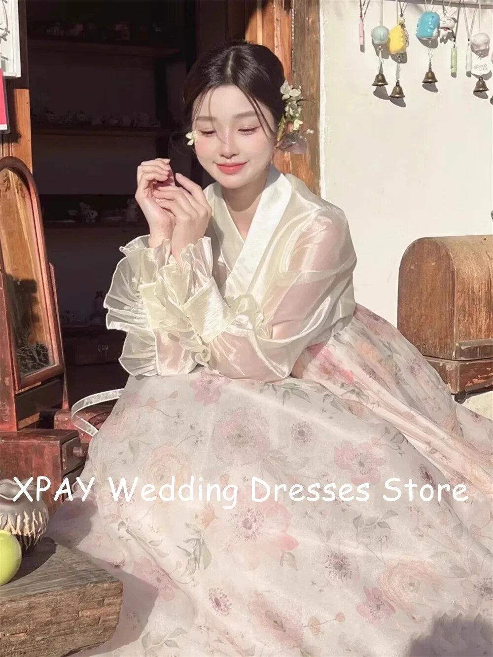 XPAY V Neck Long Sleeves Korea Wedding Dresses For Wedding Photo Shoot Organza